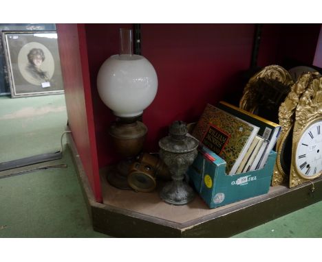 Two oil lamps, a carbide lamp and a wrought iron lamp stand (4)