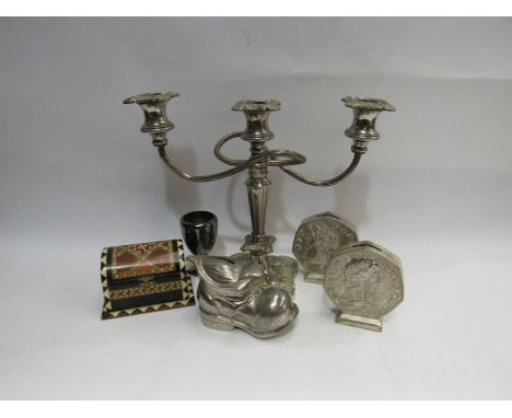 A parquetry box, money boxes and a three sconce candlestick (6)