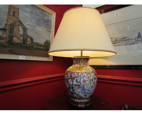 A modern Japanese polychrome table lamp base, gilt enriched design, 63.5cm high including shade