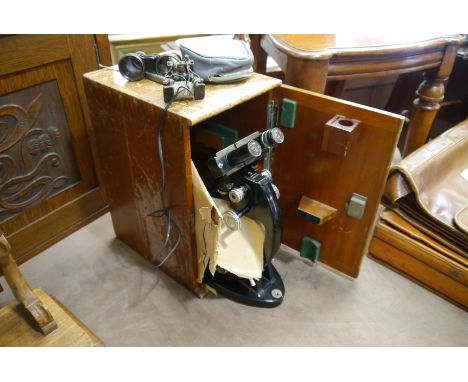 A boxed CTS microscope, two pairs of binoculars and an electric motor