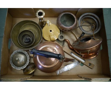 Assorted metal wares including Georgian brass candlestick, copper kettles etc