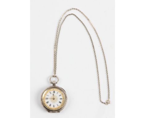 An open face key wind fob watch, the white enamel dial having hourly Roman numerals and decorative edging, patterned case, on