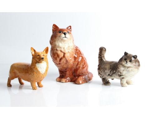 Beswick Ginger Long-haired Cat, Grey Long-haired Cat and Corgi. IMPORTANT: Online viewing and bidding only. Collection by app