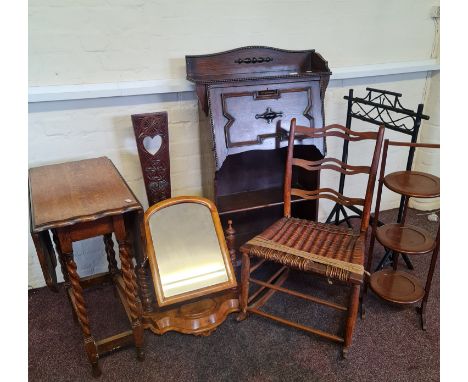 An oak barley twist table, oak bureau, carved Welsh stool, bamboo fire screen frame, mahogany three tier cake stand, Victoria