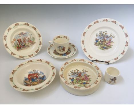 A part Royal Doulton Bunnykins breakfast set, to include cup, bowls, eggcup, seven pieces in total. IMPORTANT: Online viewing