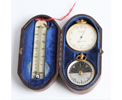 A leather cased miniature travel set including Bryson Edinburgh mercury filled thermometer, barometer and Singers compass. IM