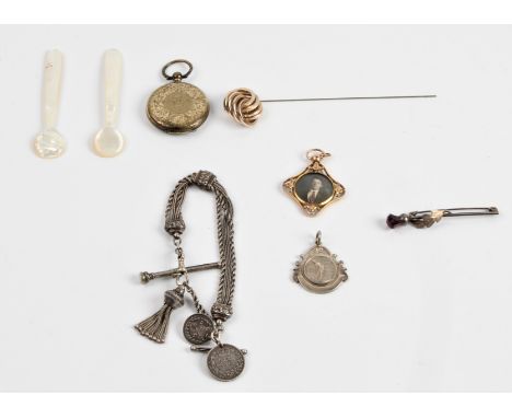 A purple paste thistle design brooch, stamped C.H Sterling, together with an Elkington &amp; Co. cricket medallion, stamped S