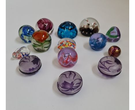 Three cameo purple glass lidded pots, together with eleven various paperweights including Caithness. IMPORTANT: Online viewin
