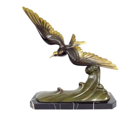 Brault - French bronze figural study of a bird in flight upon a black marble base, signed, inscribed 'Bronze', 23" high, 21" 