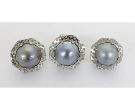 Pair of 18ct white gold and mabé pearl earrings and matching dress ring, each with single pearl in a white gold octagonal sur