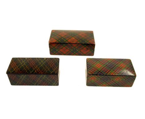 Tartan ware - McLean pattern Clark & Co. cotton box, 4.25" wide; Smiths Albert pattern snuff box and a papier mache snuff box
