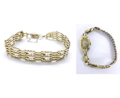 9ct gate bracelet with padlock and safety chain, 5.1gm; also a 14k gold plated and stainless steel lady's bracelet watch (2)