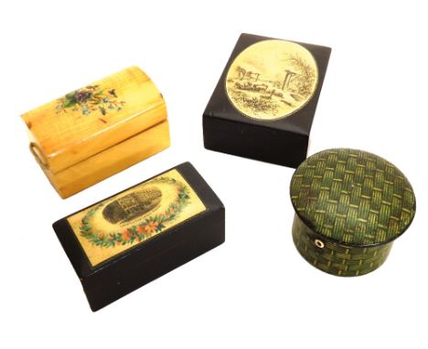 Mauchline ware - basket weave thread box; together with two black lacquer ware boxes and a trunk (4)