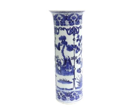 Chinese blue and white porcelain cylinder vase, decorated with figures and birds in trees, calligraphy mark to base, 10.25" h