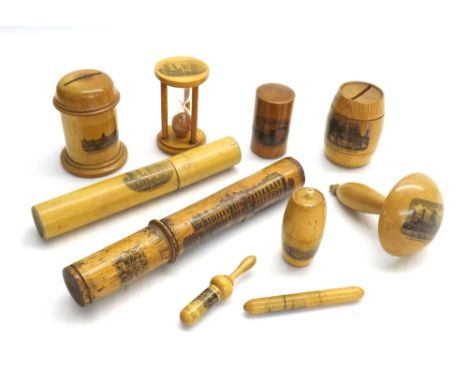 Mauchline ware - assorted items decorated with transfers of London and Windsor to include an egg timer, 'go-to-bed' barrel, n