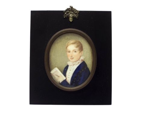 English School - half size portrait of a young boy in a ruffled collar holding an open book, work on ivory, oval mount, 3.5" 