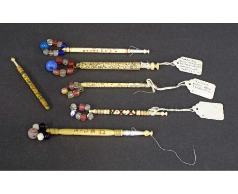 19th century bone laced bobbin with various inscriptions named and dated along with three other examples to include young men