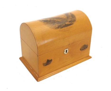 Mauchline ware  - domed top stationery box with inkwell, decorated with transfers of Snowdon, Wales, 7" wide