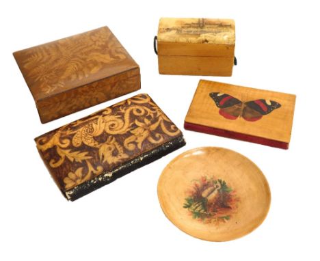 Mauchline ware -  mixed items to include a shell seaweed tray, fern box, painted needle case and a trunk (5)
