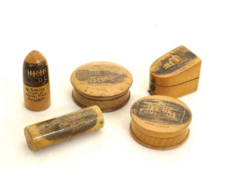 Mauchline Ware - compass box depicting Carlisle Parade, 2" diameter; together with a thimble box with thimble, menthol applic