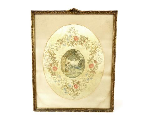 19th century silkwork picture, centrally decorated with a kneeling flower picker with floral surround, oval mount, 16" x 13",