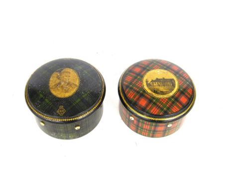 Tartan ware - Prince Charlie pattern Clark & Co. circular thread box, decorated with Burns' Cottage, 4" diameter; also a Clar