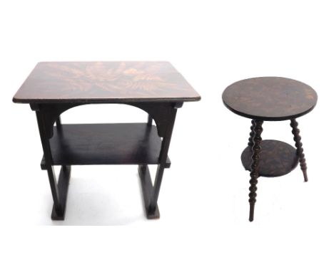 Fern ware - cottage style rectangular two tier table, 21" x 14"; together with a circular two tier table with bobbin supports