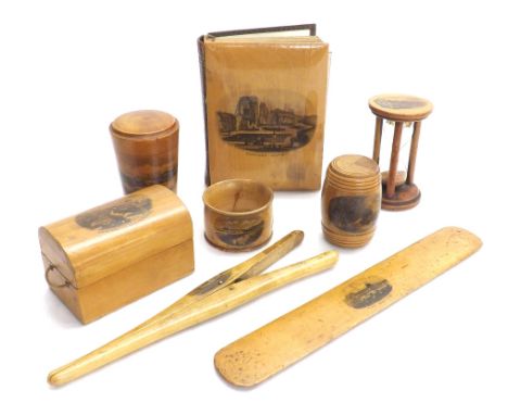 Mauchline ware  - album, egg timer, tumbler in box etc, decorated with transfers of Kent and Hastings (8)