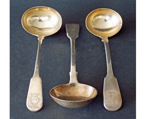 George III silver sauce ladle, maker Richard Crossley, London 1813, 7" long; together with two further Victorian silver sauce