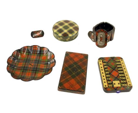 Tartan ware - card case, 3.25" x 1.75", McPherson pattern bracelet, brooch, Bezique marker, patch box and a McPherson scallop