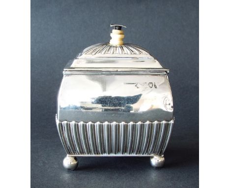 Late Victorian silver sarcophagus caddy, with half gadrooned decoration, maker Henry Wilkinson & Co, London 1893, 4.5" high, 