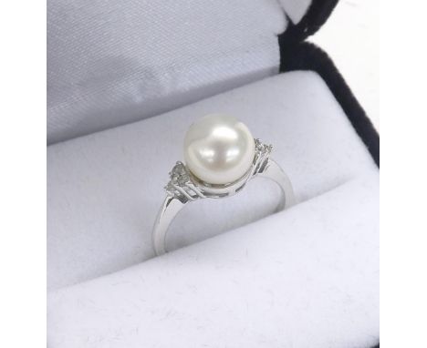 (2) 14ct white gold cultured pearl and diamond ring, round brilliant-cut, ring size K-, boxed