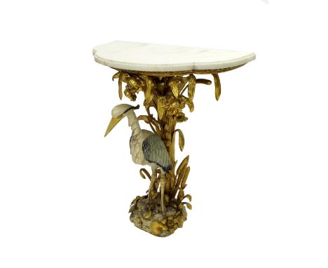 Interesting and decorative novelty carved giltwood console table with shaped demi-lune marble top over a carved giltwood and 
