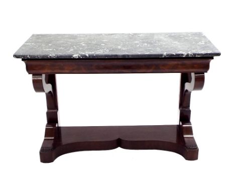 Good quality French Empire mahogany console table with marble top over a cushion drawer on scrolled bracket supports and serp