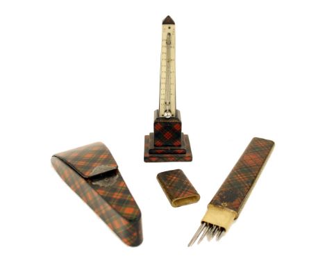 Tartan ware - McDuff desk thermometer, 6.25" high (tube broken); McPherson pattern  scissors case, bearing label 'Pearce 77 C