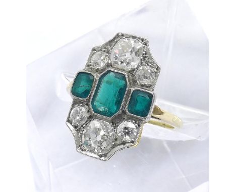 Good 18ct and platinum Art Deco emerald and diamond cluster ring, set with three emeralds in a surround of six old-cut diamon