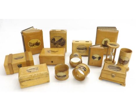 Mauchline ware - various items of photographic ware to include an egg timer, napkin rings, albums etc (14)
