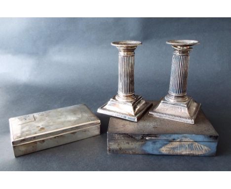 Pair of Victorian silver Corinthian column candlesticks, maker William Hutton & Sons, London 1892, 5" high (at fault); togeth