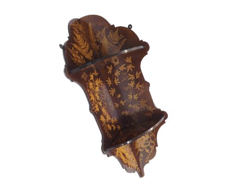 Fern ware - mahogany wall hanging corner shelf with shaped sides and semi-circular shelves, 36" high