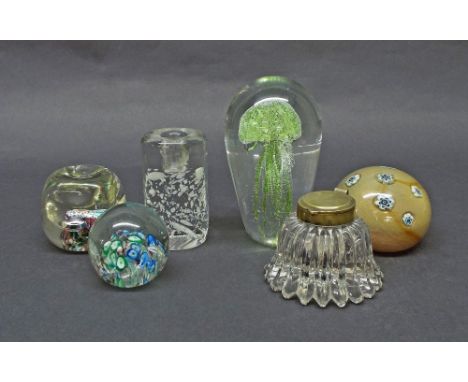 Collection of four various paperweights to include large dump paperweight with jellyfish decoration, three with various mille