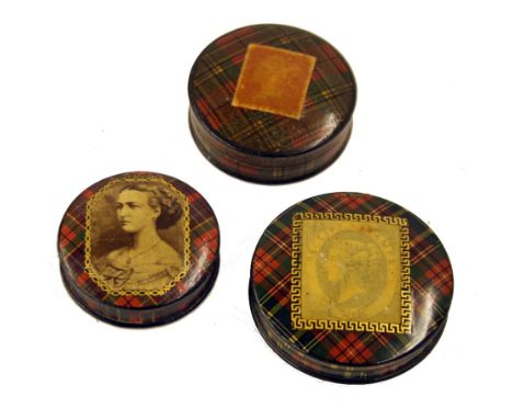 Tartan ware - Calendonian circular stamp box depicting a portrait of Princess Alexandra of Denmark, 1.5" diameter; McBeth sta