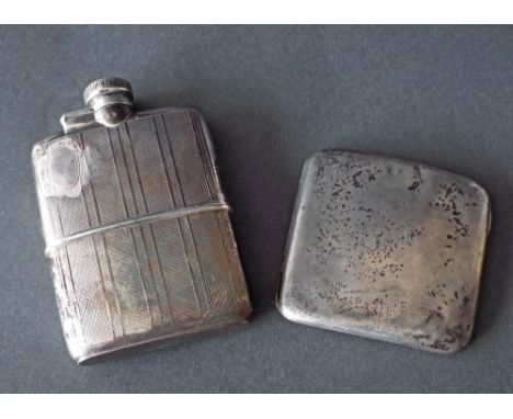 Engine turned silver hip flask, hallmarks rubbed; together with a silver hip shaped cigarette case, 8.5oz approx (2)