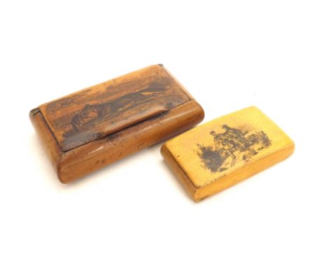 Mauchline ware - snuff box decorated with a gamekeeper to the lid, 2.75"; also another with fox and hounds, 4" (hinge a.f) (2
