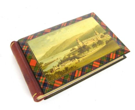 Tartan ware book - Tourist's Guide to The West Highlands, in a McFarlane pattern binding decorated to the front with a highla