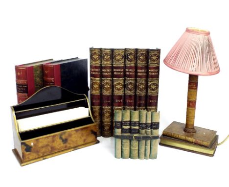 Decorative items - to include table lamp bound by book spines upon a base in the form of two books, 30" high; together with t