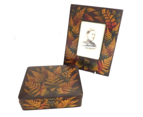 Fern ware - rectangular frame inset with a photographic portrait of a lady, 9.25" x 7.25"; also a jewellery box with coloured