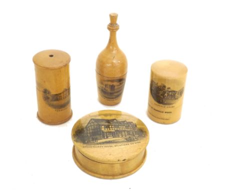 Mauchline ware - compass box depicting Shakespeare's House, 2.5" diameter; together with a bottle box with thimble, box with 