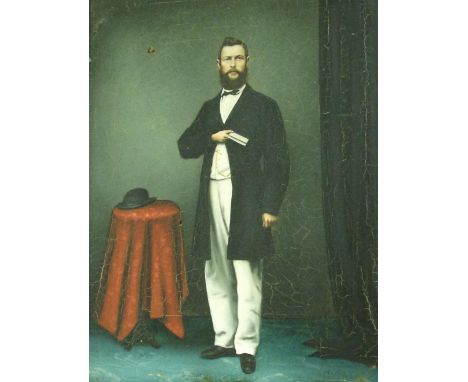 China Trade by Tou Shing - full length portrait of a standing gentleman, stamp to back 'Tou Shing, Portrait painter, Wellingt