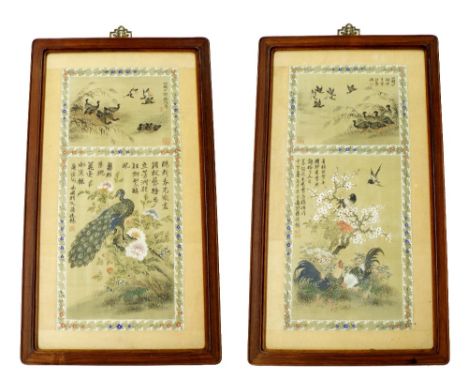 Chinese School -  pair of panelled studies depicting birds amidst foliage, with calligraphy and seal stamps, ink and colour o