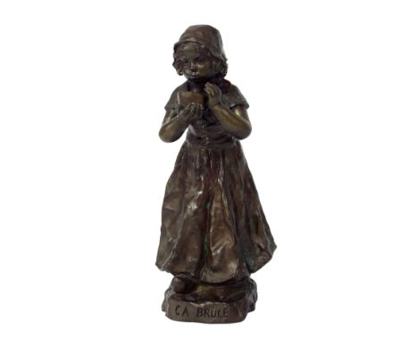 Goyeaux - early 20th century bronze figure of a peasant girl blowing into a bowl, titled 'C A Brule' and signed, also further